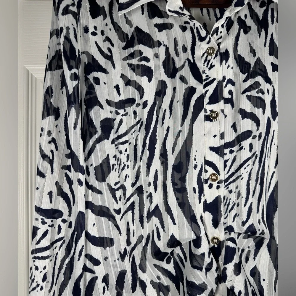 Joseph Ribkoff Button Up Collared Navy/White Blouse Style 231025 Size 2 - Picture 3 of 11